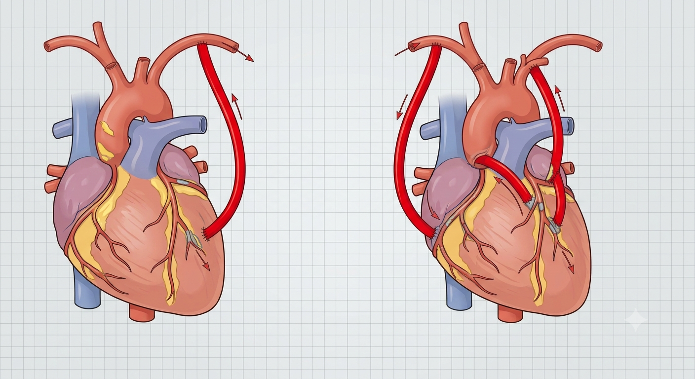 Ilustración de revascularización coronaria (bypass) con uno y dos injertos arteriales