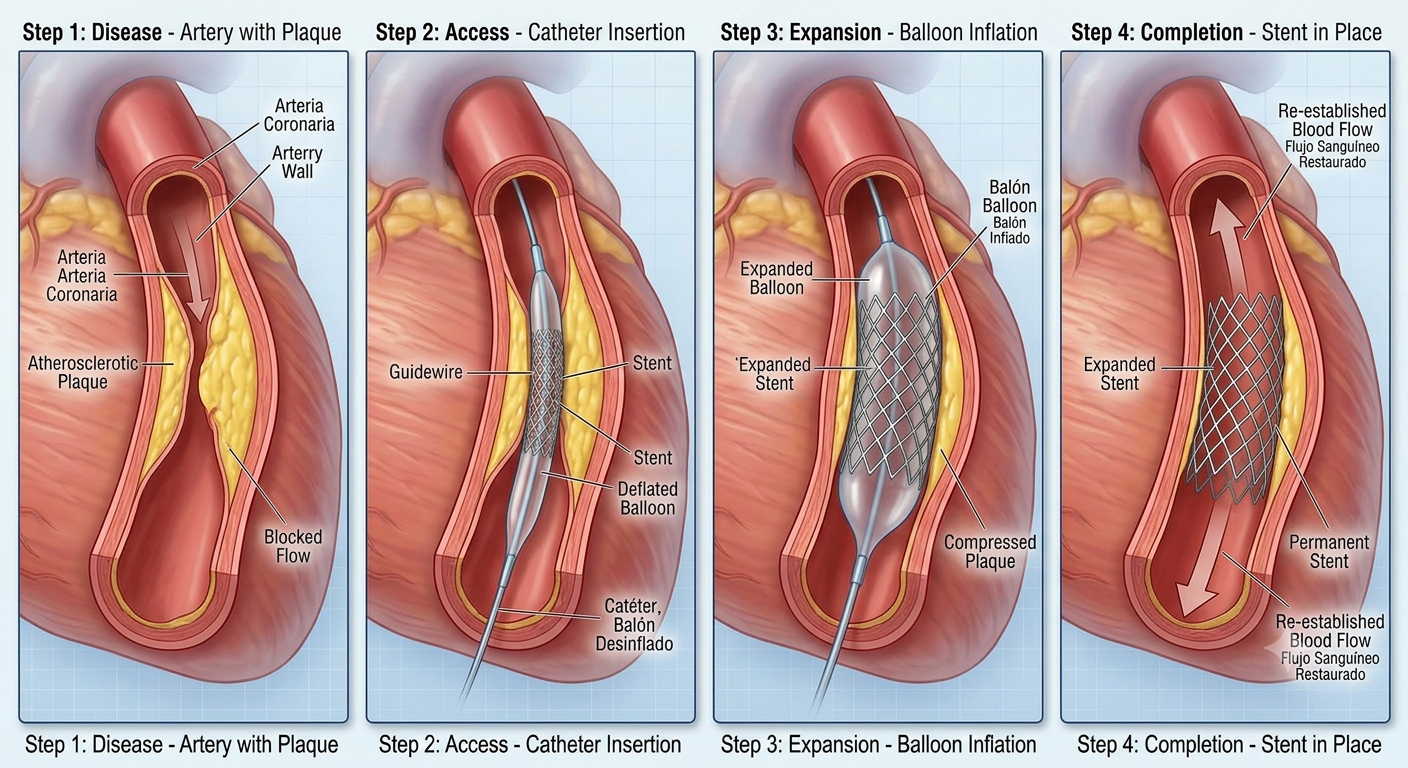 Diagrama del procedimiento de colocación de un stent coronario: acceso por catéter, expansión del balón y colocación del stent